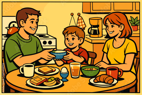 Family breakfast in cozy kitchen with smiling parents and child sharing a meal
