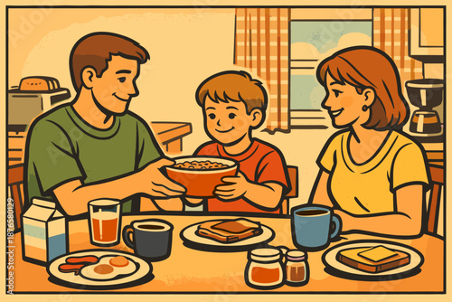 Happy family breakfast with caucasian parents and child in kitchen setting