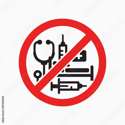 No Medical Access Icon: A bold red prohibition sign featuring a crossed-out medical symbol, a visual representation of restricted access to healthcare resources or services.