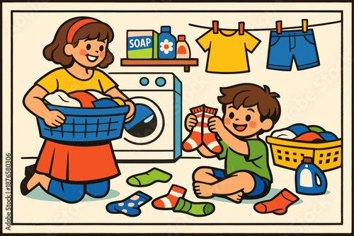Smiling kids doing laundry: young caucasian boy and girl with clothes and washing supplies