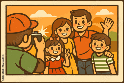 Cartoon family photo session with happy positive poses in outdoor setting