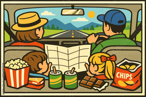 Family road trip with map and snacks in vintage-style illustration