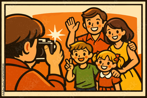 Retro cartoon family photo scene with smiling parents and children