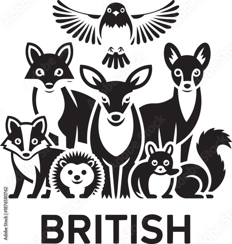 British woodland animals graphic set with fox hedgehog squirrel deer and badger illustrations