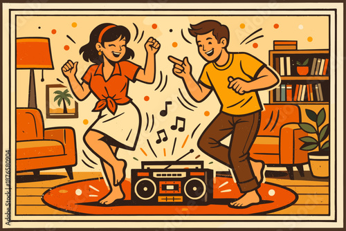 Young hispanic couple dancing cheerfully in retro living room with boombox