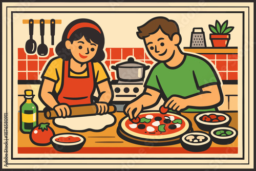 Caucasian couple making pizza in retro kitchen art