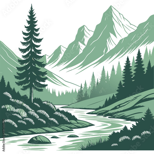 Peaceful Alpine Valley Nature Scene Vector