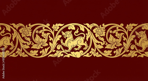 Golden stylized traditional Sri Lankan/Sinhalese pattern border featuring mythological lions and intricate floral motifs (Liyawel) on a deep maroon background, suitable for Independence Day or cultur