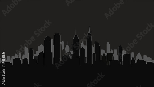 Modern cityscape silhouette at dusk, showcasing towering skyscrapers against a dark sky.
