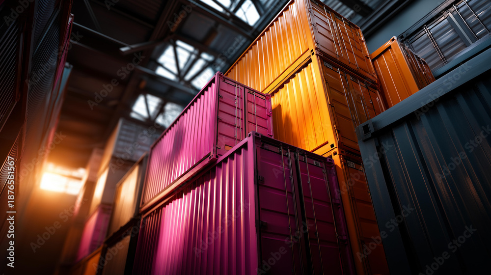 Obraz premium Colorful shipping containers stacked in bright warehouse bathed in warm light, creating industrial atmosphere full of depth and perspective, logistics facility storage, with copy space