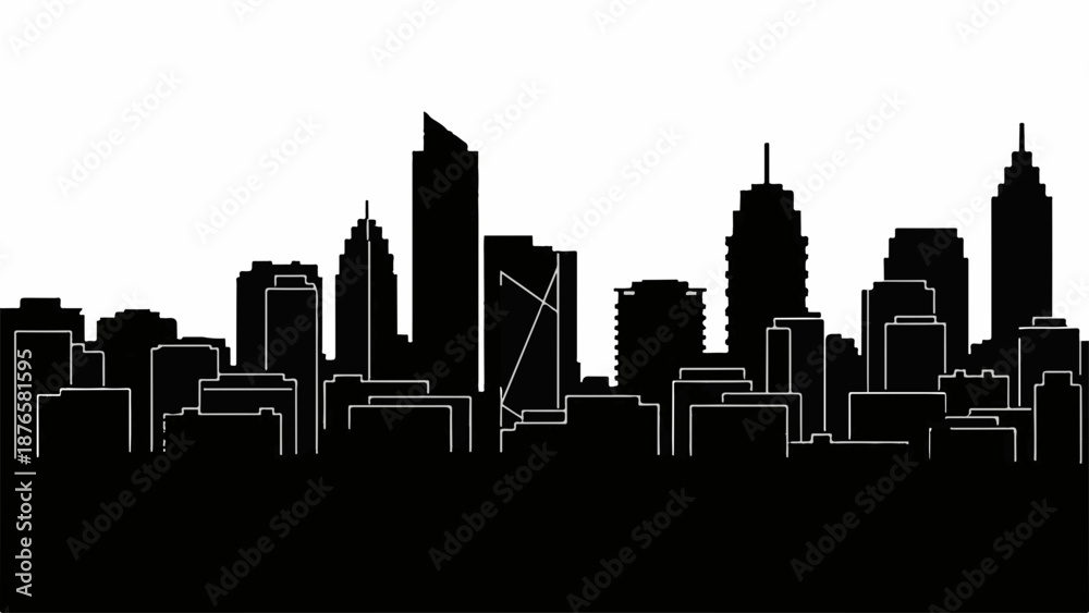 Fototapeta premium Modern cityscape silhouette against a bright white background, showcasing diverse architectural styles.