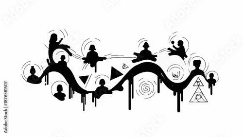 Abstract journey of human connection and growth, depicted with dynamic silhouettes and flowing lines.