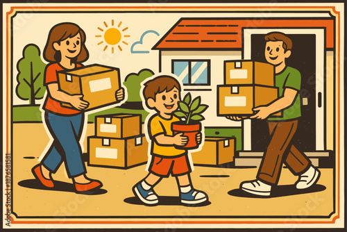 Family moving day scene with caucasian parents and child carrying boxes and plant