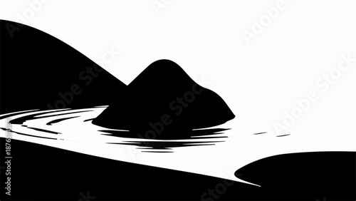 Minimalist black and white landscape with a solitary rock in rippling water.