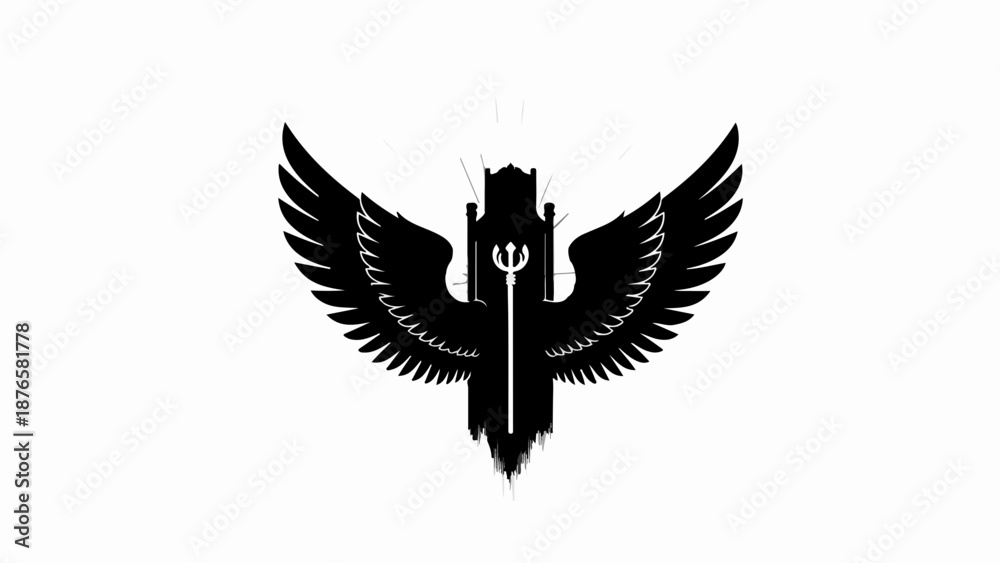 Obraz premium Mysterious winged emblem with trident on white background, representing power and authority.