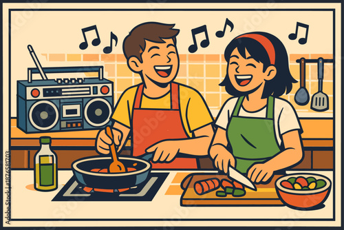 Happy asian young couple cooking together in kitchen with music