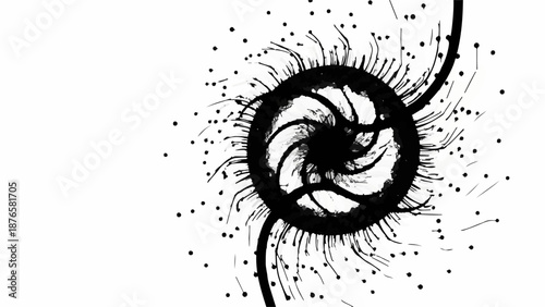 Abstract swirling black ink vortex with radiating particles on white background