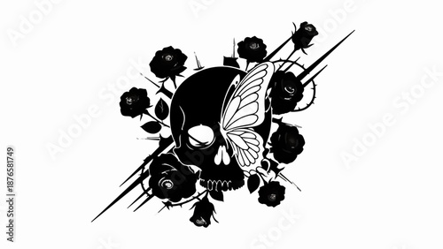 Ethereal skull adorned with black roses and a delicate butterfly wing