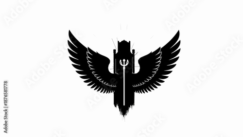 Mysterious winged emblem with trident on white background, representing power and authority.