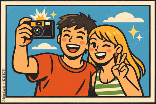 Young caucasian couple taking a selfie with vintage camera in cartoon style