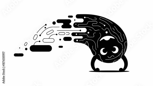 Abstract representation of a dark, flowing entity with a friendly face, dissolving into smaller shapes.