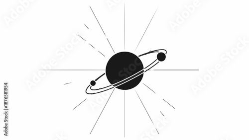 Stylized illustration of a ringed planet with moons and cosmic rays on a white background.