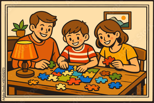 Family game night with caucasian parents and child assembling puzzle in cozy room
