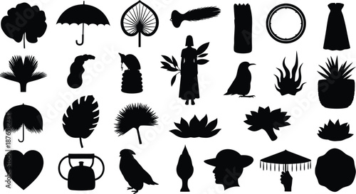 Black silhouette nature and lifestyle elements collection with plants, birds, people, umbrellas, leaves and decorative objects in minimal vector style