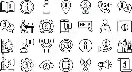 Comprehensive information and support icon set featuring help desk symbols communication tools customer service graphics and technical guidance line art for professional web design projects