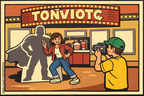 Caucasian girl posing with cardboard cutout as boy films at movie theater