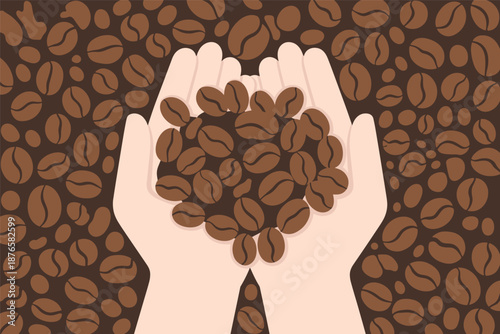 Hands Cupping Fresh Coffee Beans, coffee harvest concept
