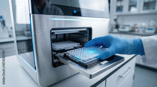 Wallpaper Mural Lab science: Scientist placing a microplate into an automated laboratory instrument for analysis, highlighting advanced research and biotechnology in a modern medical lab. Torontodigital.ca