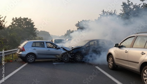 Car accident in bright sunlight on highway captured as smoke billows revealing distress and chaos in the scene