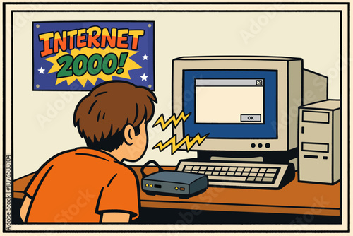 Retro cartoon teen using computer in 2000s technology scene