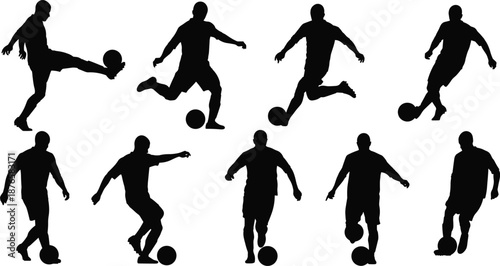 Silhouettes of soccer players in eight dynamic poses with ball, kicking, dribbling, running, black and white graphic, transparent background illustration