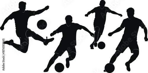 Silhouettes of soccer players in four dynamic poses with ball, kicking, dribbling, striking motion, black and white graphic, transparent background illustration