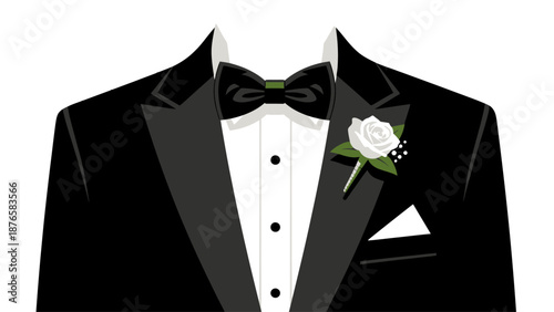 Classic groom's black tuxedo and bow tie illustration with elegant white rose boutonnière isolated for formal occasions and wedding attire.