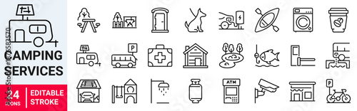 Camping Services Vector Icons Set. tent camping, caravan and RV parking, hiking services
