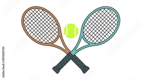 Crossed tennis rackets illustration with yellow ball ready for court match or summer athletic games