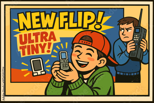 Vintage cartoon: excited teen boy with new flip phone and jealous friend with old mobile