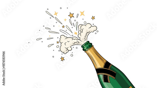 Champagne bottle pop illustration, exploding cork and festive sparkle for celebration events.