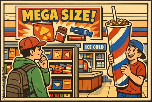 Colorful cartoon convenience store scene with young male characters and mega-sized drink