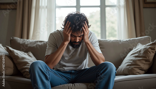 Young man with dark hair and beard sitting on a couch, holding his head in distress, surrounded by soft cushions, conveying feelings of stress and anxiety in a cozy living room