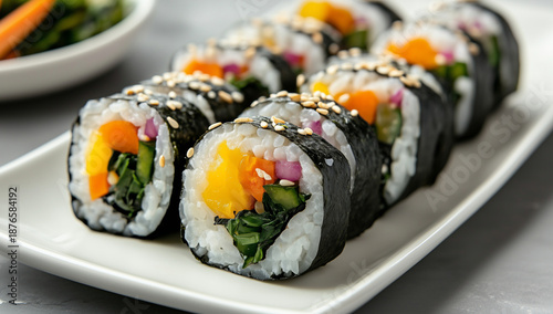 Japanese Sushi Roll with Fresh Vegetables and Seafood