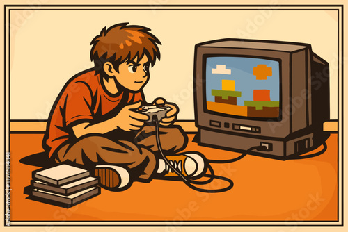 Young caucasian boy playing retro video games on crt tv