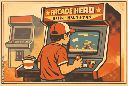 Young caucasian male playing retro arcade game in vintage gaming room