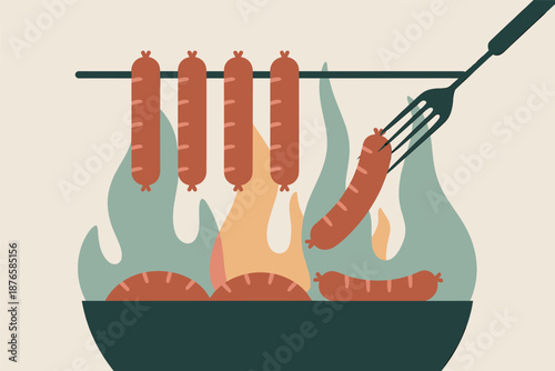Grilling Sausages Over an Open Flame, barbecue cooking concept