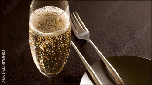 champagne. Elegant champagne flute with golden reflections, representing celebration and refined taste. bar promotions, beverage menus, designed for food & beverage menus and cafe branding.