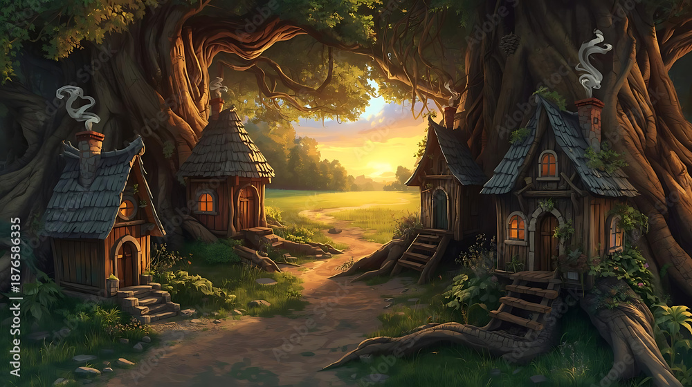 Fototapeta premium Enchanted Forest Village: Cozy Cottages Nestled Under Ancient Trees at Sunset, Whimsical Architecture, Warm Light, Fantasy Landscape, Storybook