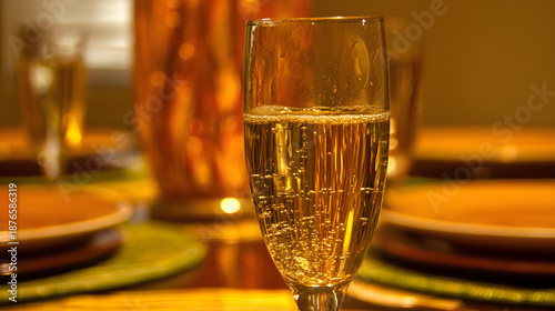 champagne. Elegant champagne flute with golden reflections, representing celebration and refined taste. bar promotions, beverage menus, designed for food & beverage menus and cafe branding.